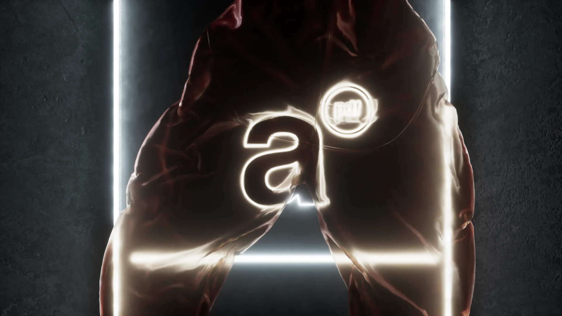 Archive PDF glowing neon logo animation showing the letter A and pdf badge rendered as light trails against a dark dramatic background