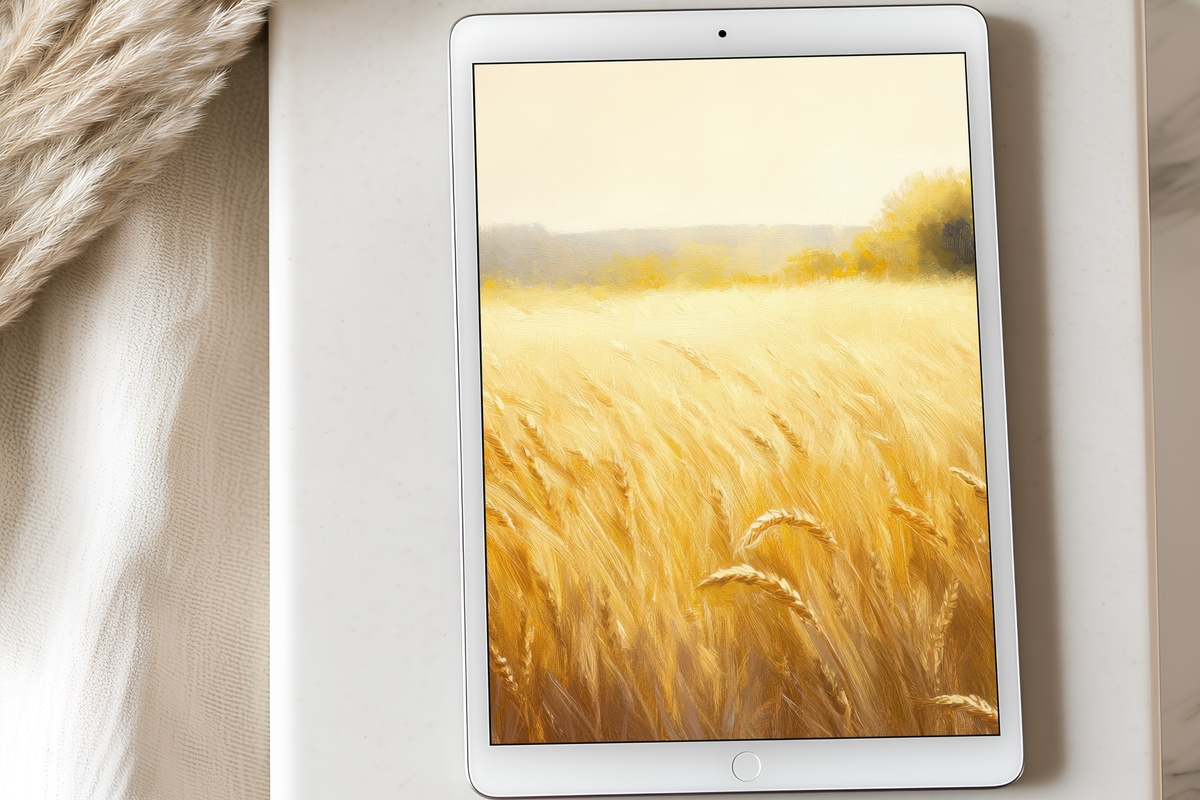 Golden Wheat Symphony landscape iPad wallpaper in amber, harvest gold, and pale sky blue
