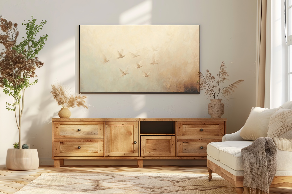 Birds in Twilight Hues Vintage Frame TV Art — birds silhouetted against an impressionist twilight sky