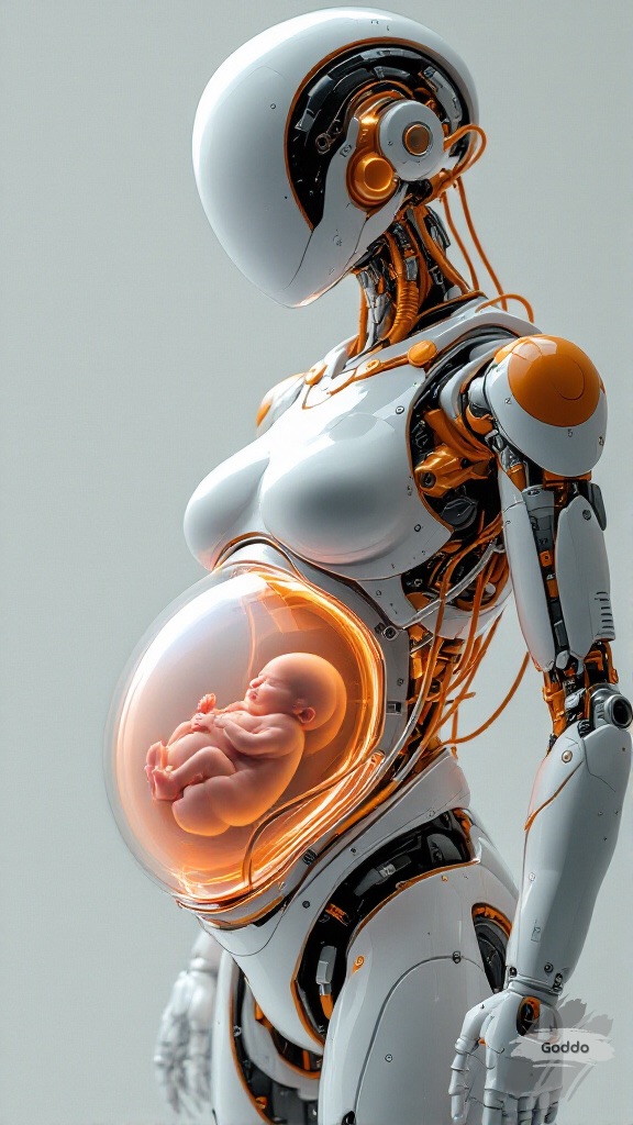 The image features a humanoid robotic figure with intricate mechanical components and a transparent spherical womb that reveals a fetal form inside. The robot's exterior blends a glossy white finish with orange accents, showcasing various tubes and circuits. Its body displays a combination of human-like and synthetic elements, emphasizing a stark contrast between organic and artificial. The setting appears bright, with soft light illuminating the figure, highlighting its textures and providing a futuristic yet somewhat eerie ambiance. The visible fetus, although partially obscured, adds an emotional depth, evoking themes of creation and technology. The overall composition suggests a fusion of humanity and machinery, provoking thoughts on the implications of advanced robotics in reproductive contexts.