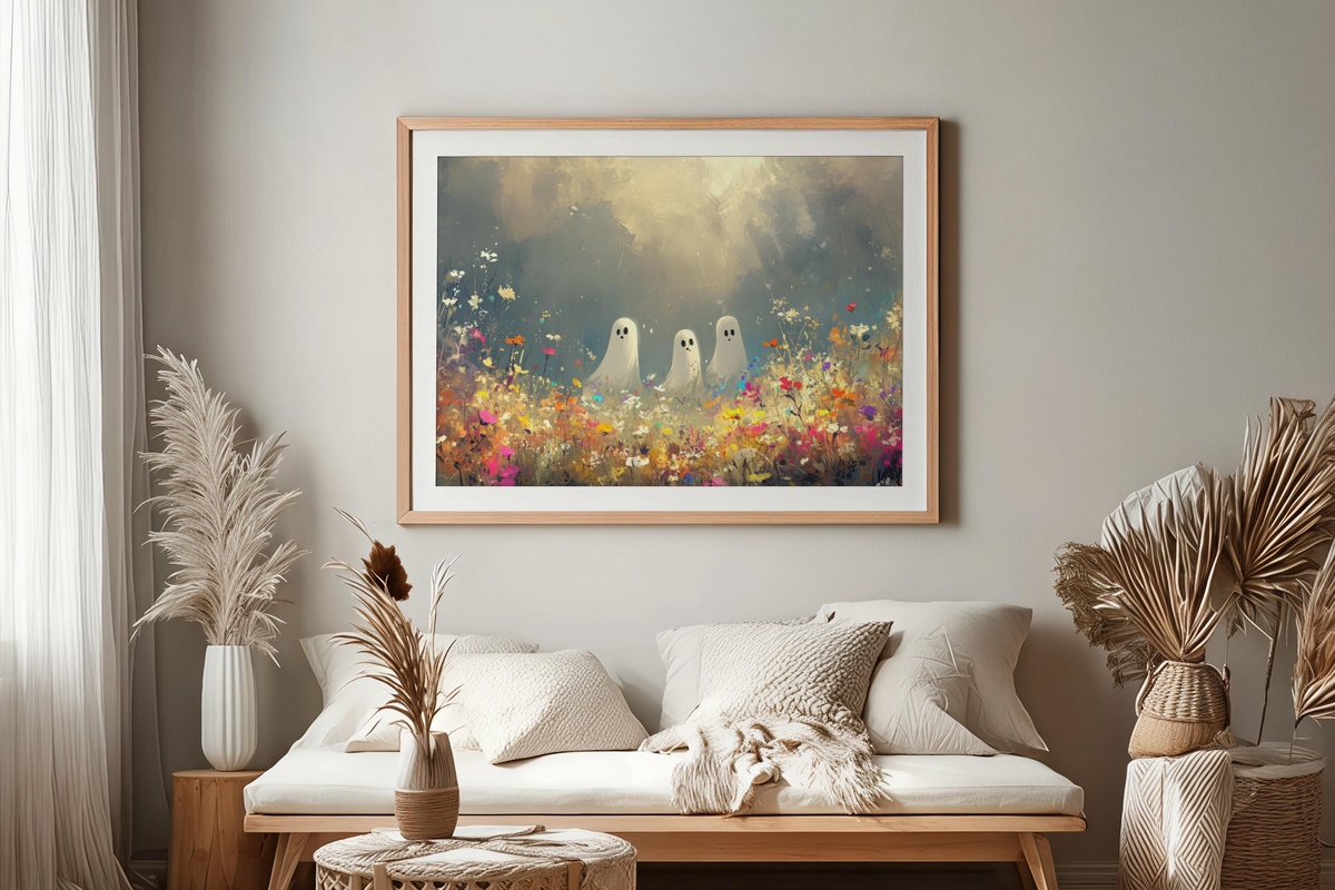 Playful ghosts in wildflower field Halloween printable wall art