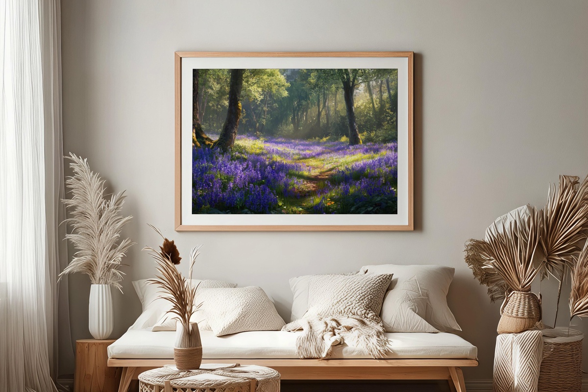 Woodland Bluebells in Tranquil Bloom printable wall art with forest bluebell scene