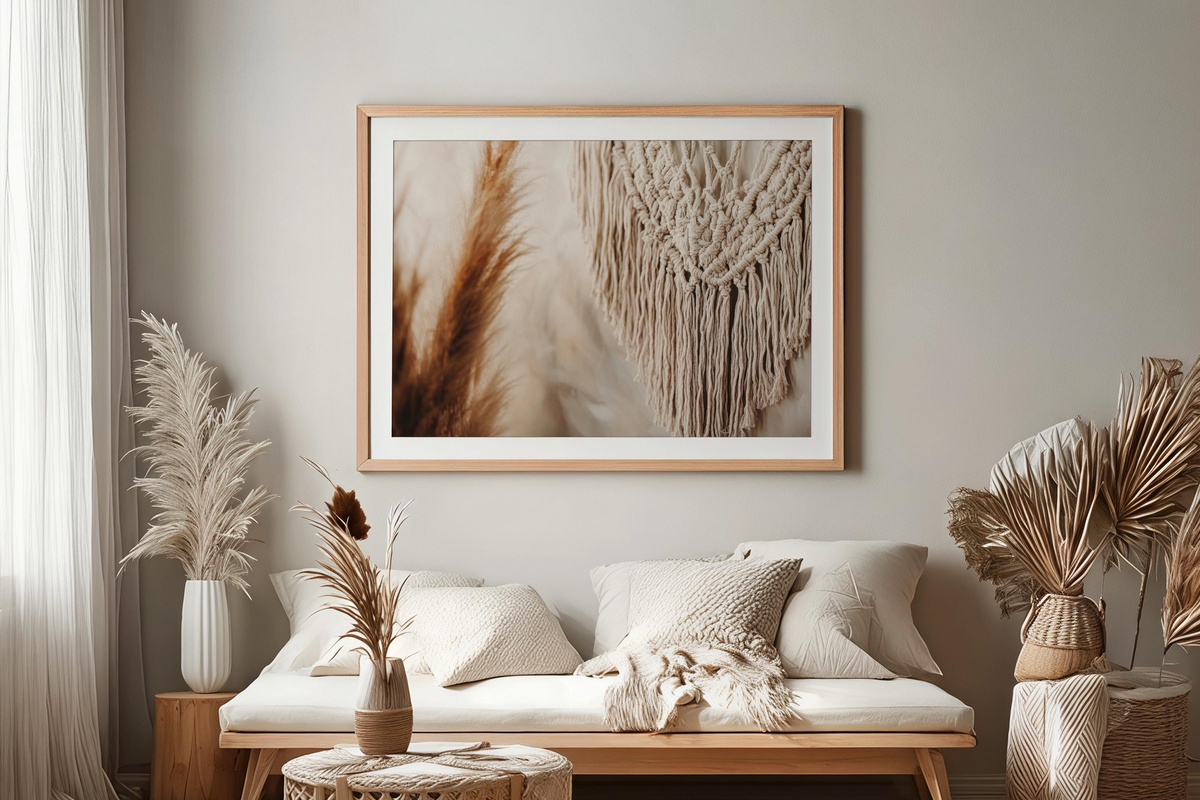 Earthy Macramé Harmony Printable Wall Art featuring bohemian macramé in earthy tones