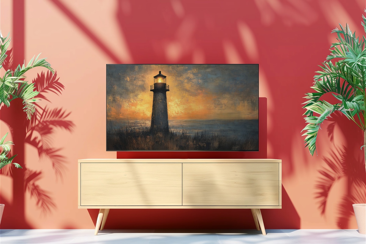 Dusk Beacon Glow Coastal Frame TV Art — lighthouse at dusk on Samsung Frame TV