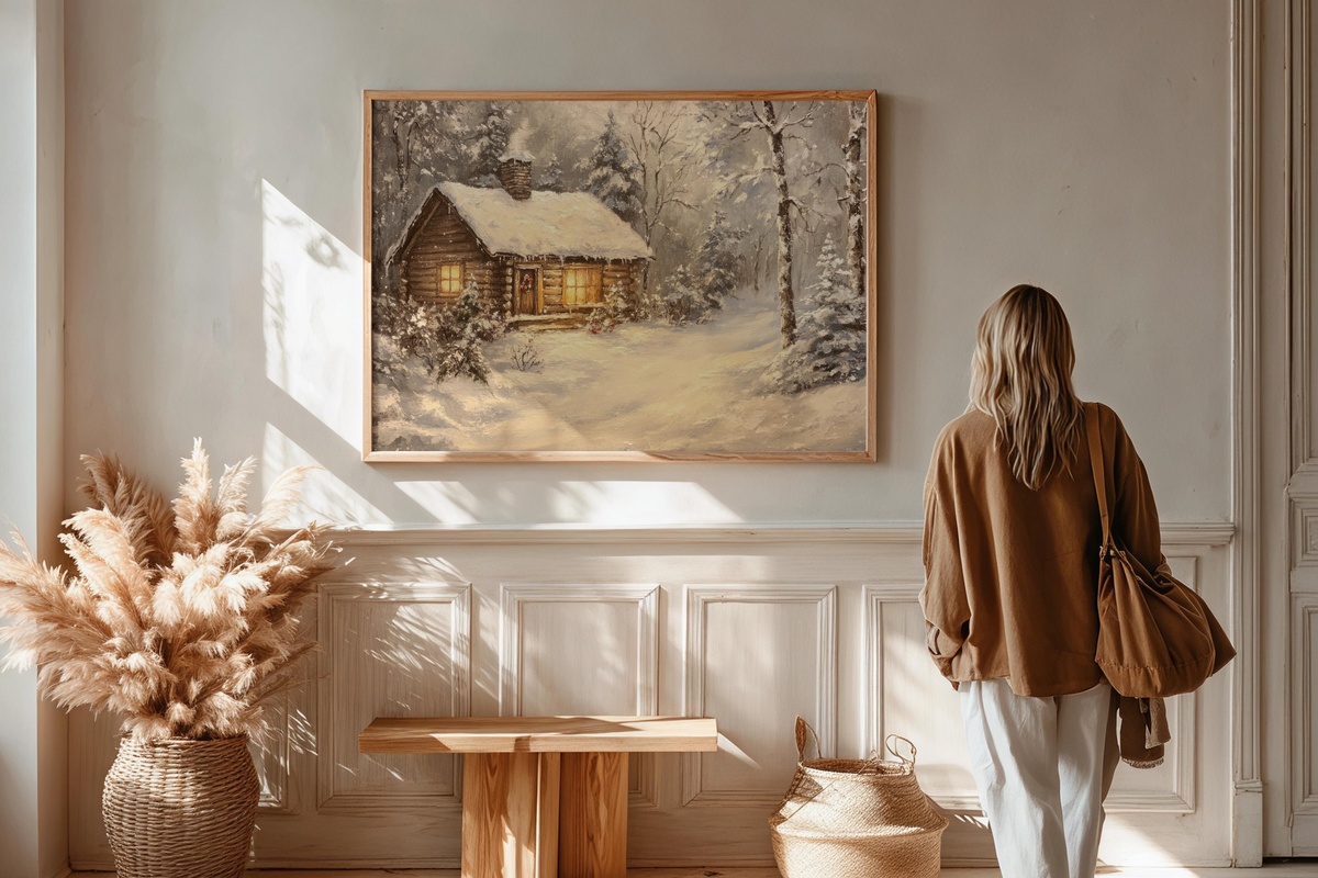 Serene Snowy Cabin Christmas Printable Wall Art large format