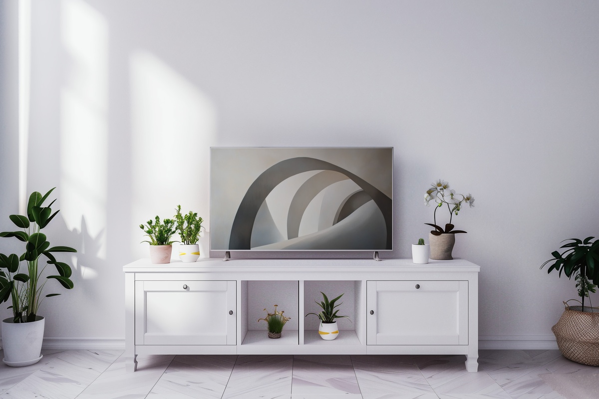 Elegant Shadow Arches Serenade Frame TV Art featuring soft abstract arch shadows in neutral warm tones