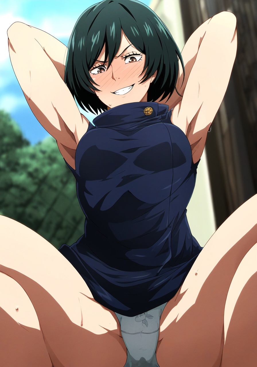 禪院真依の見せつけ by リブラ with ai art, Jujutsu Kaisen, armpits, panchira, uniform, M-shaped legs, Mai Zenin