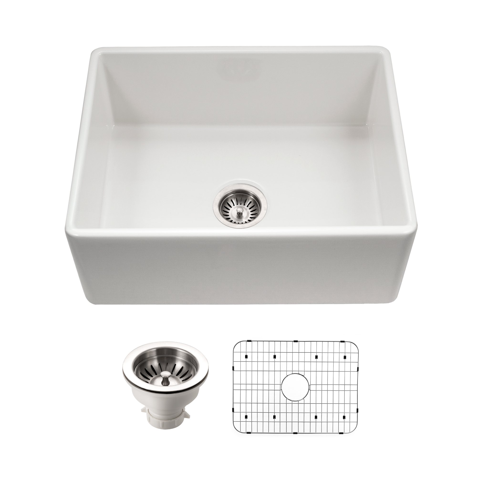 Houzer 26" Fireclay Single Bowl Farmhouse Kitchen Sink, White, Platus Series, PTS-2600 WH