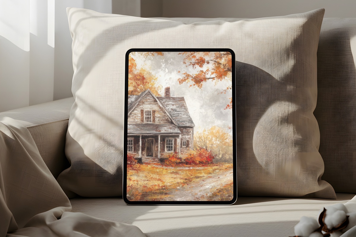 Quiet Farmhouse Autumn Leaves iPad wallpaper in warm ochre tones