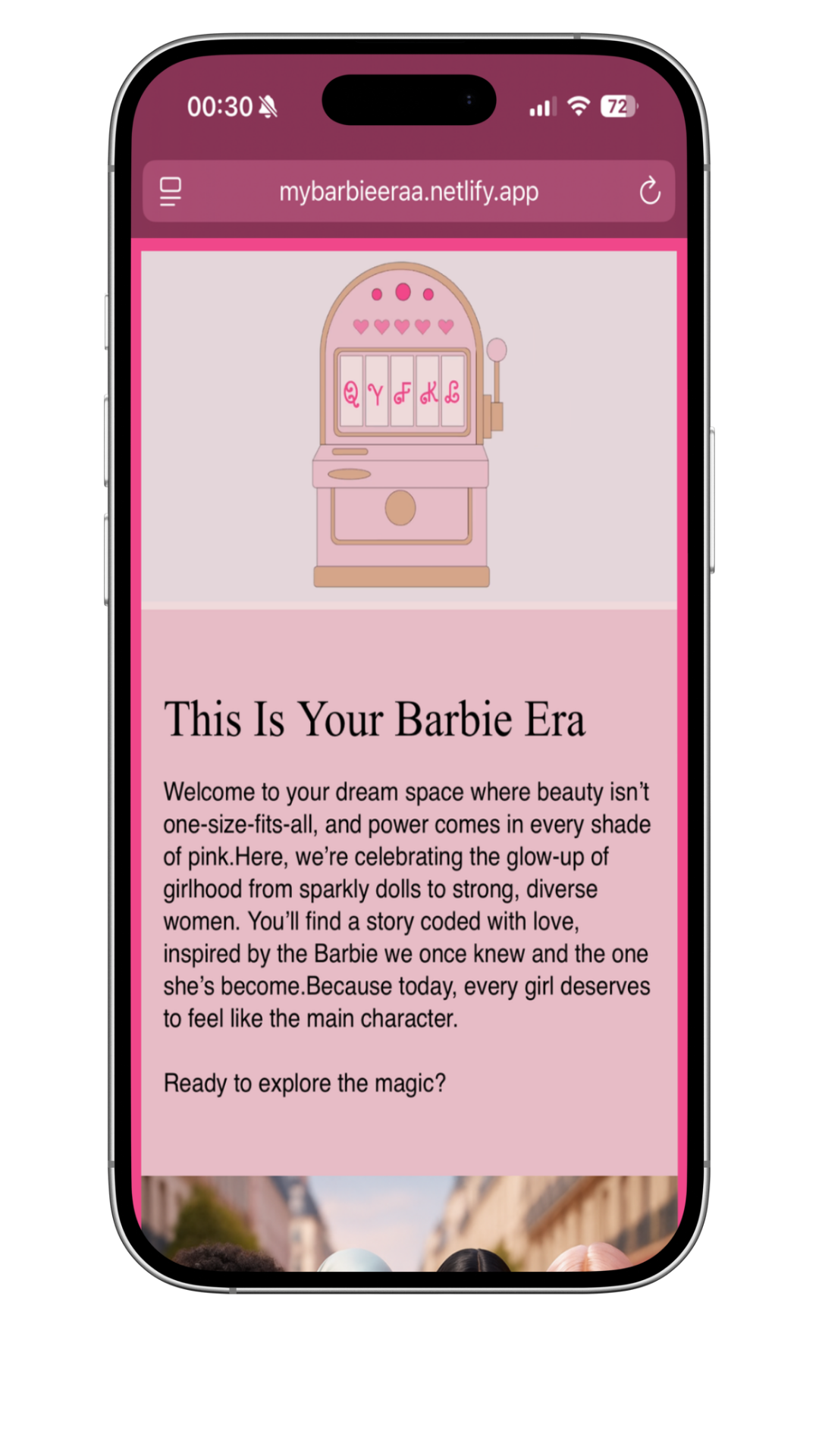 Your Barbie Era landing page final design on laptop mockup