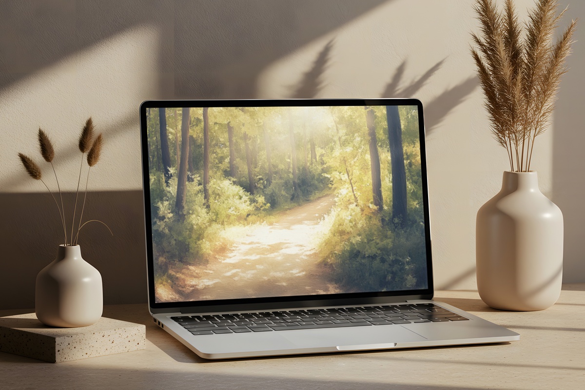 Sunlit Forest Journey Vintage Desktop Wallpaper