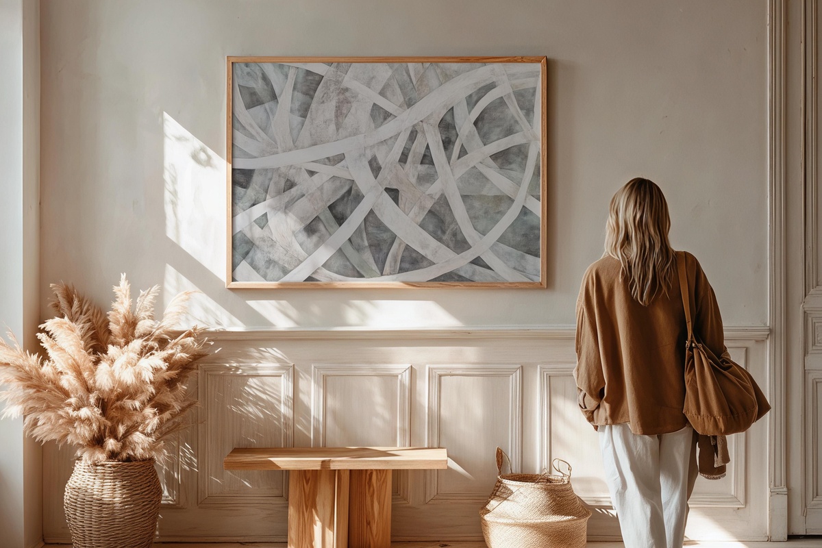 Woven Harmony Threads abstract printable wall art with muted interwoven tones