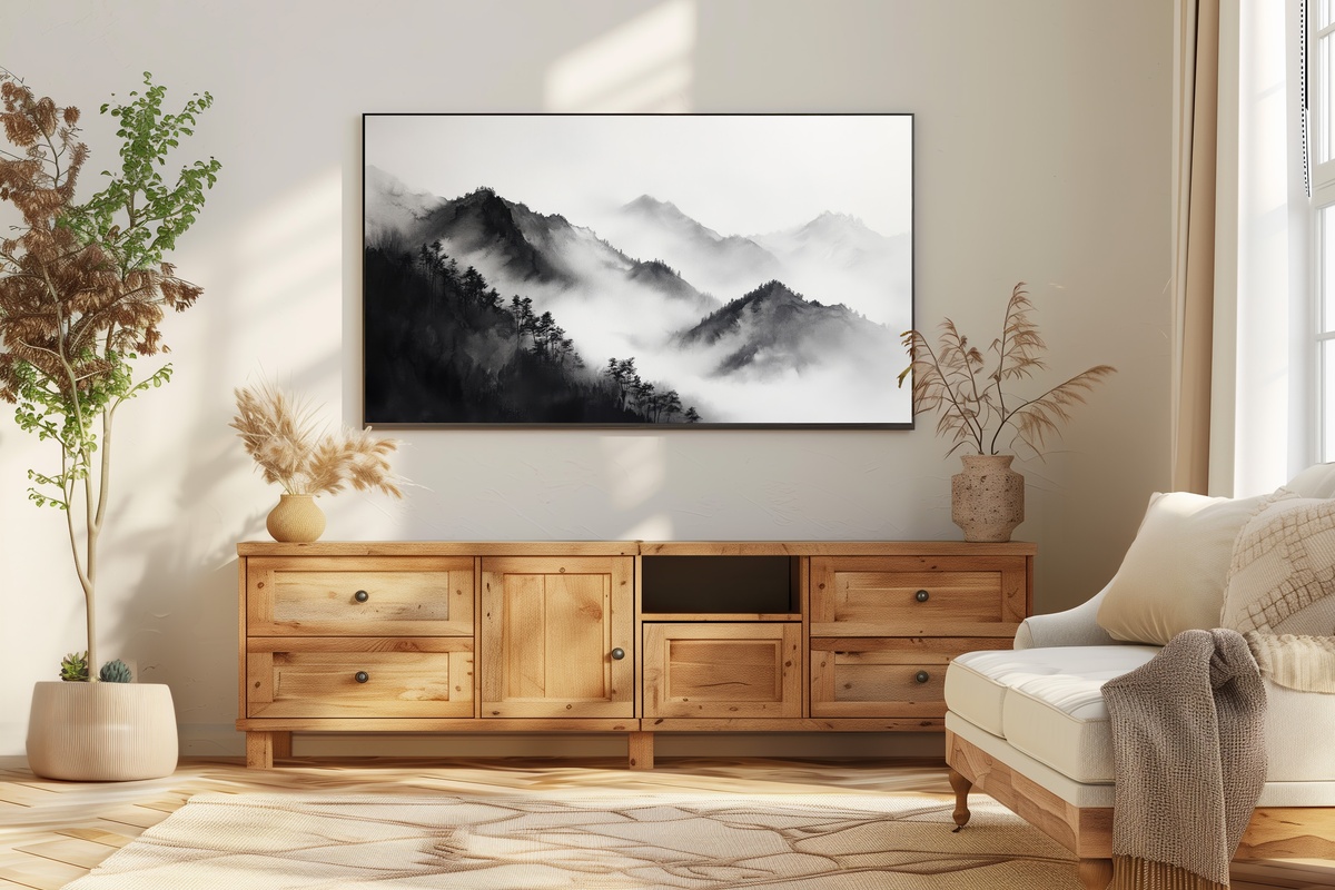 Mountain Peaks in Mist Black and White Frame TV Art