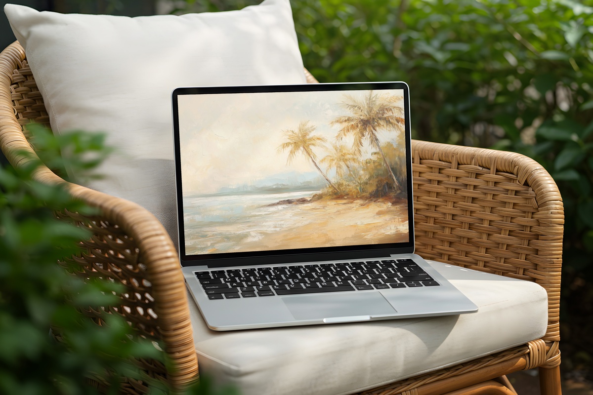 Tropical Coastline Elegance desktop wallpaper with impressionist tropical shore in sage and aqua