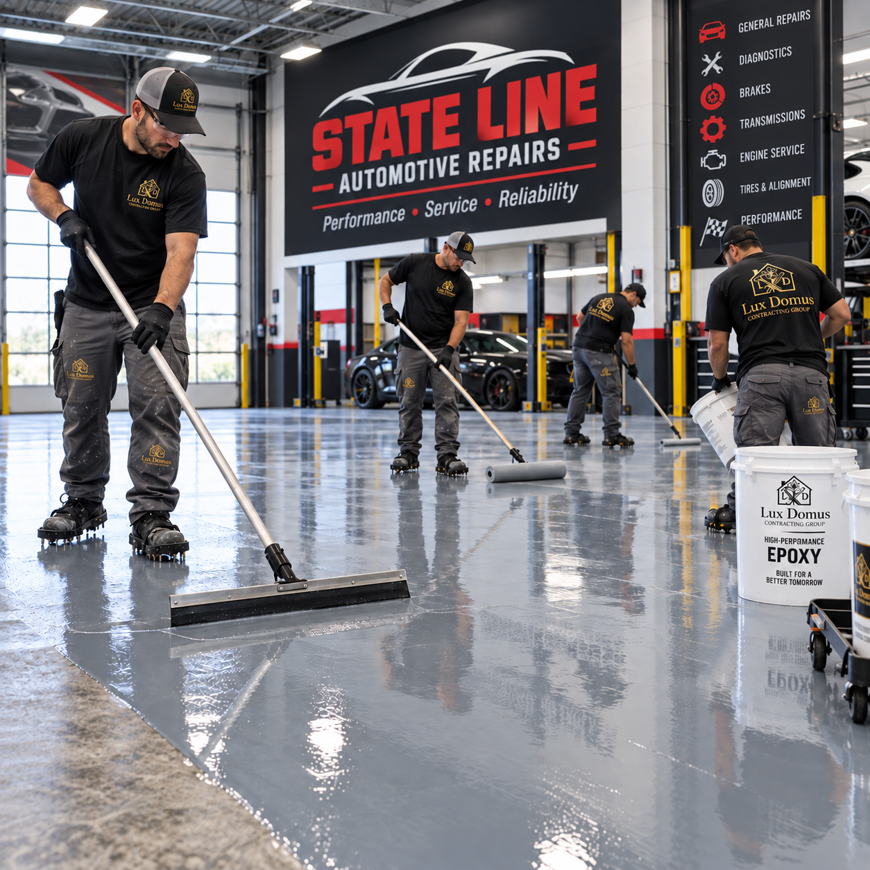 Custom epoxy flooring project by Lux Painters