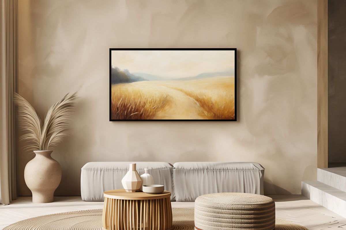 Sunlit Wheatfield Tranquility Frame TV Art — golden wheat fields in sunlit landscape