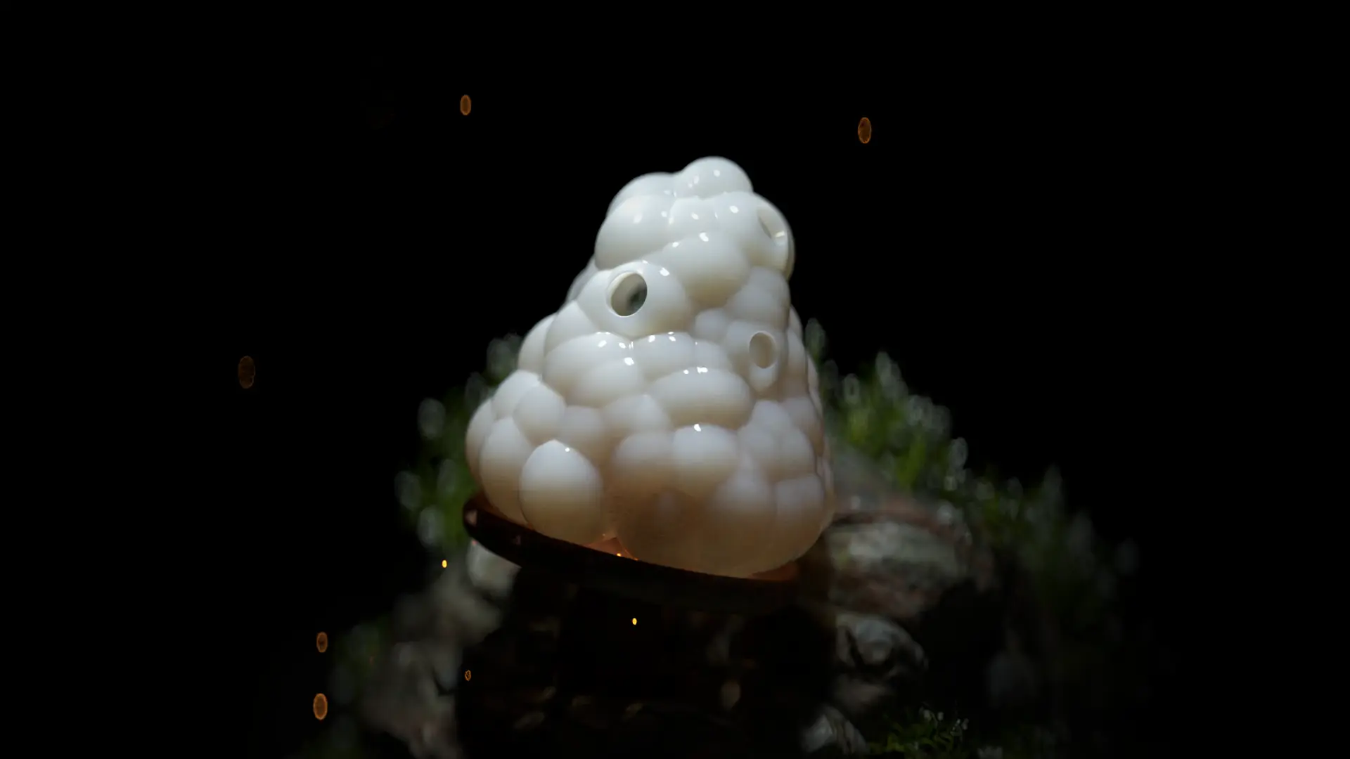 3D rendered white organic bubble form sculpture with hollow openings resting on dark moss and foliage against a black background