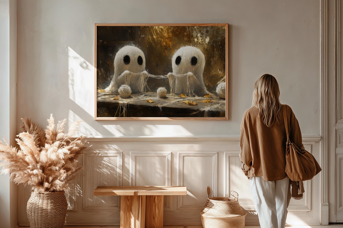 Ghostly Knitters in Cozy Scarves Halloween Printable Wall Art