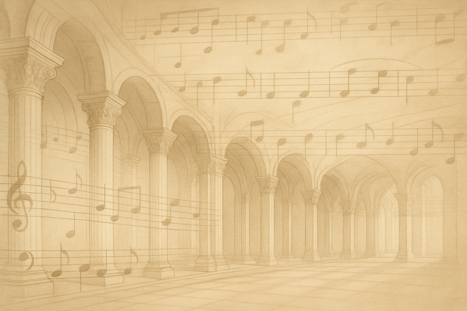 architecture blended with musical notes