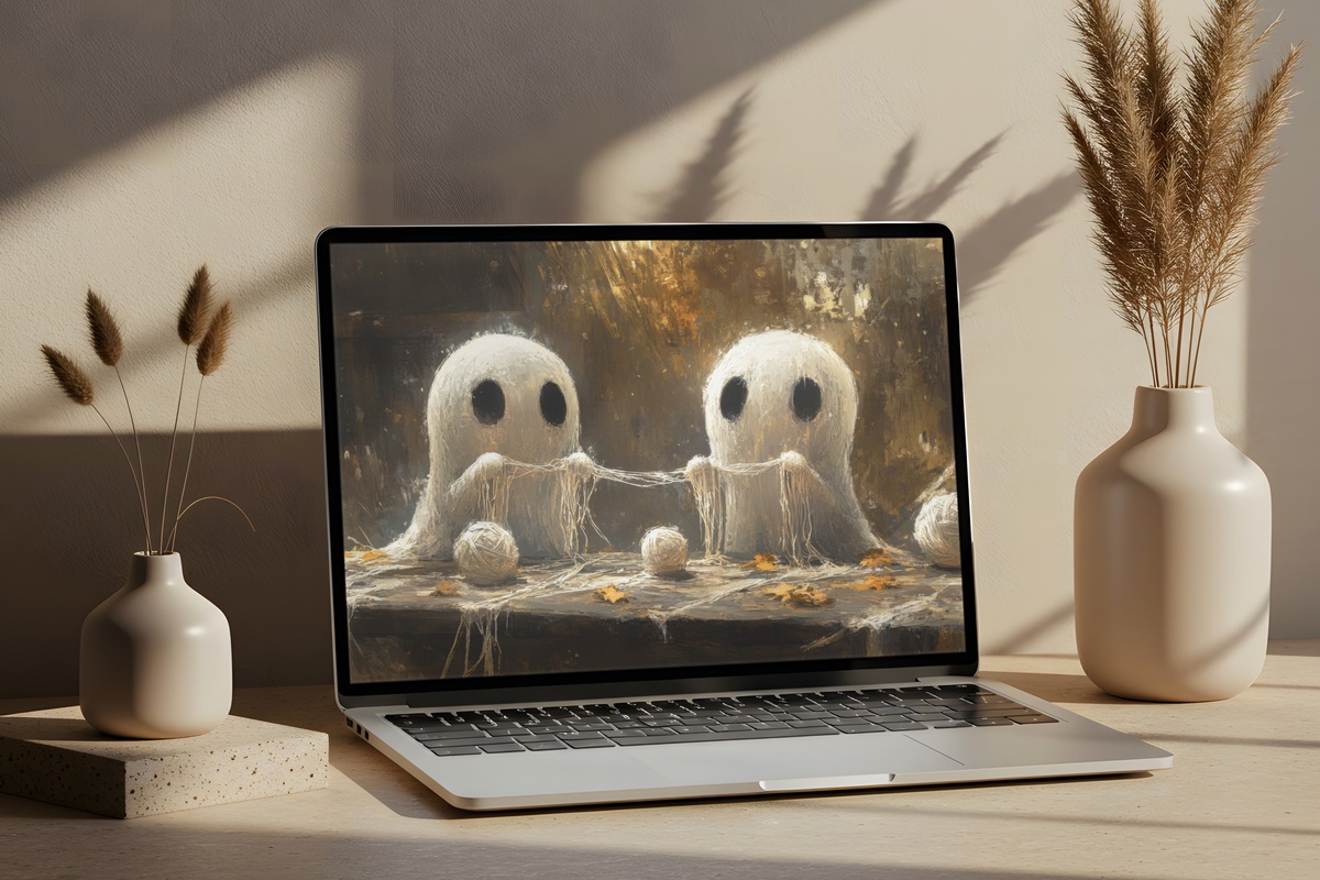 Ghostly Knitters in Cozy Scarves Halloween Desktop Wallpaper