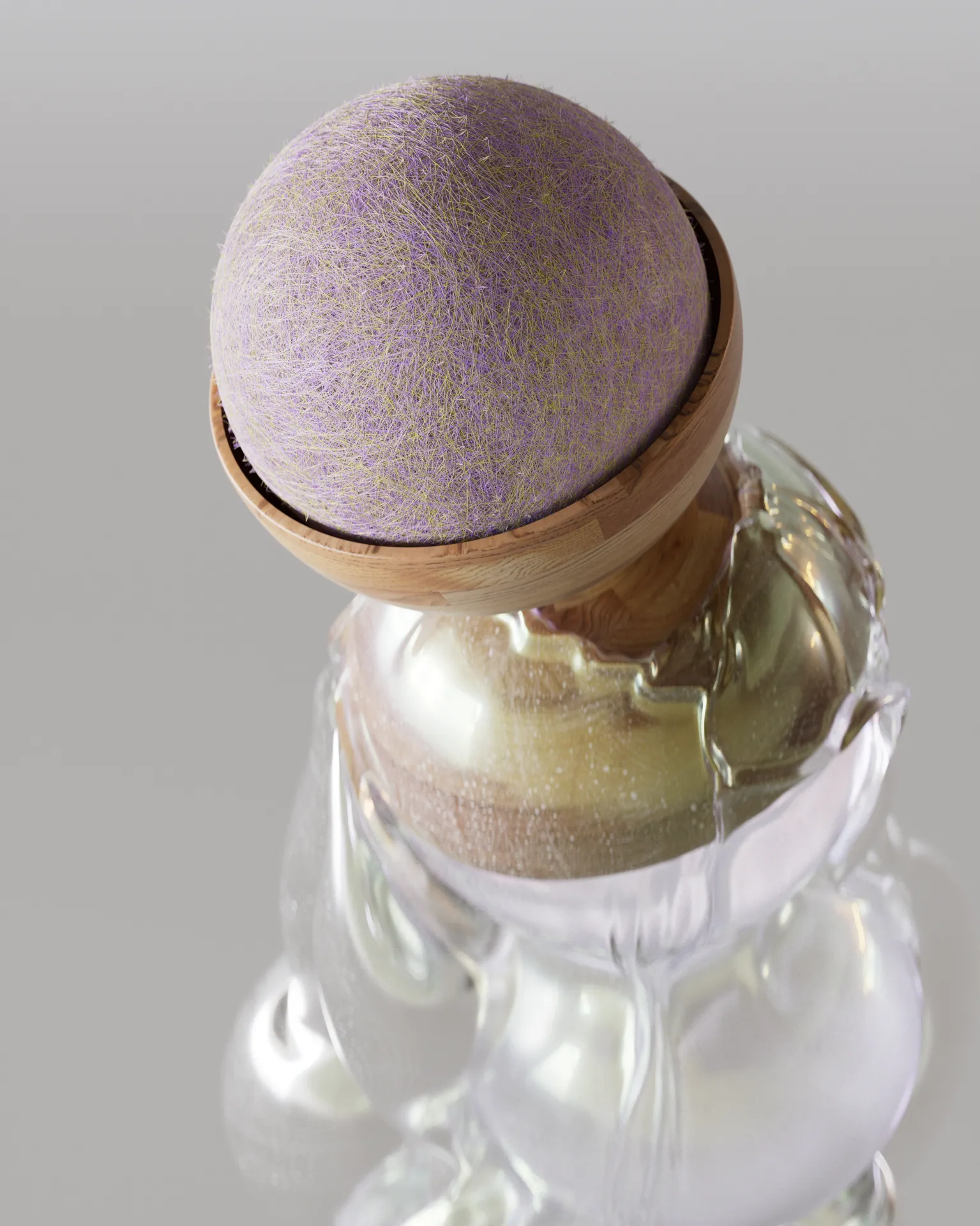 3D rendered close up of a lavender fiber covered sphere resting in a wooden bowl atop a translucent glass organic form with iridescent finish on a light gray background