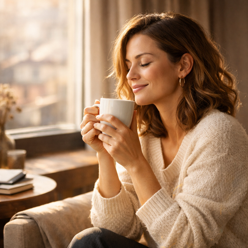 Donna adulta felice mentre legge un libro regalo in poltrona con luce naturale