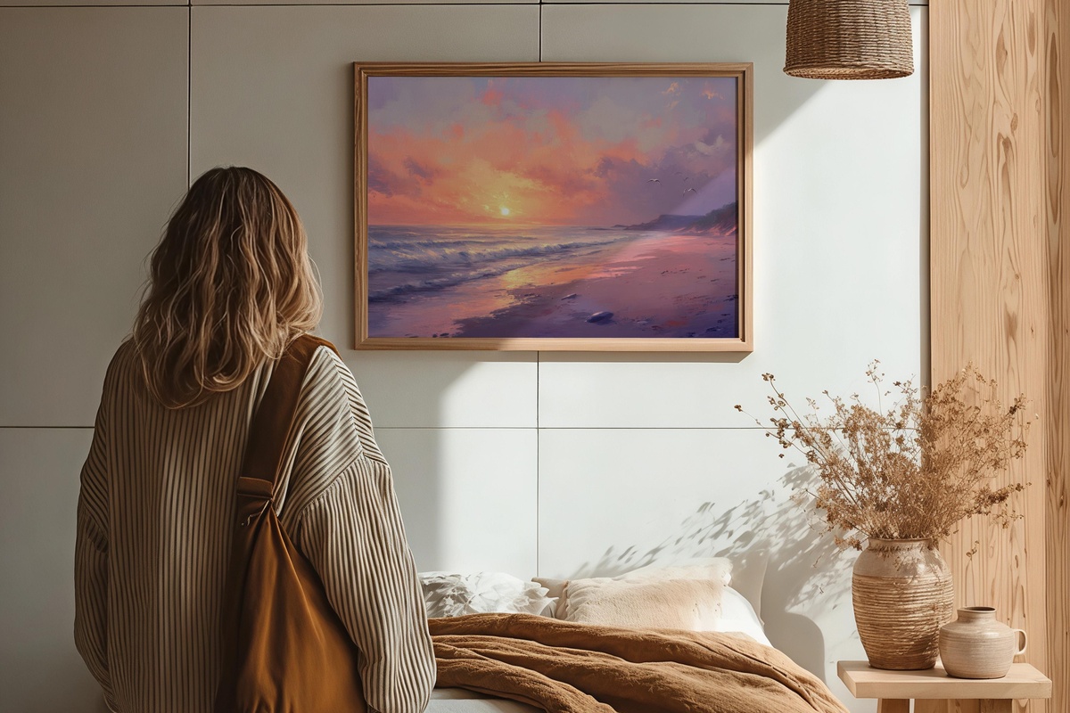 Soft Sunrise Serenity coastal printable wall art capturing a beach sunrise in blush and gold hues