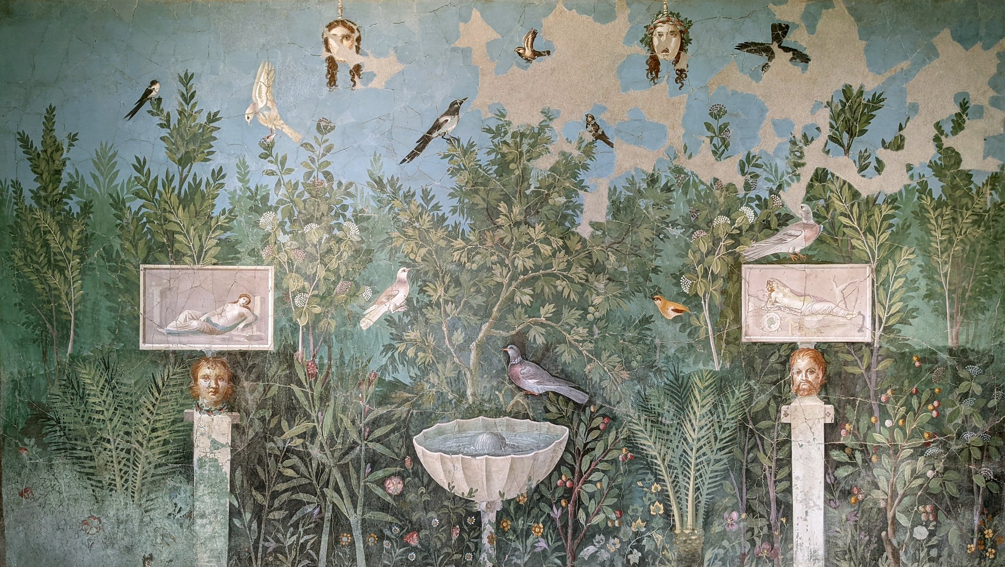 Garden fresco from the House of the Golden Bracelet, Pompeii. Roman trompe l'oeil garden painting created the illusion of a real garden extending beyond the wall.