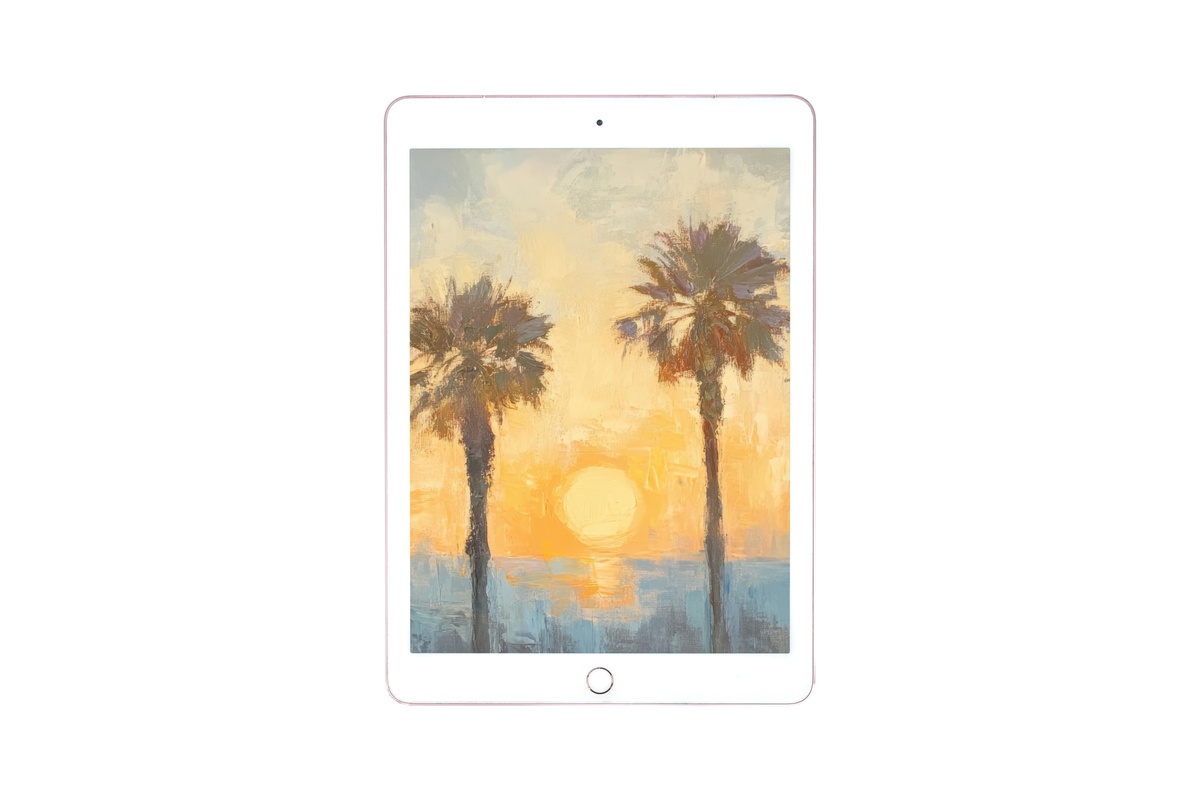 Sunlit Whisper of Palms iPad Wallpaper - ochre and blue tropical digital background
