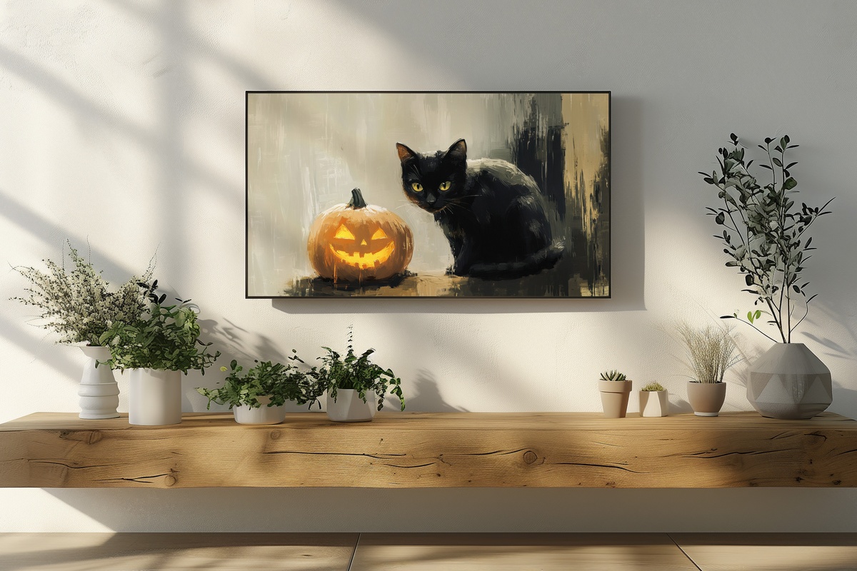 Pumpkin Glow and Black Cat Halloween Frame TV Art