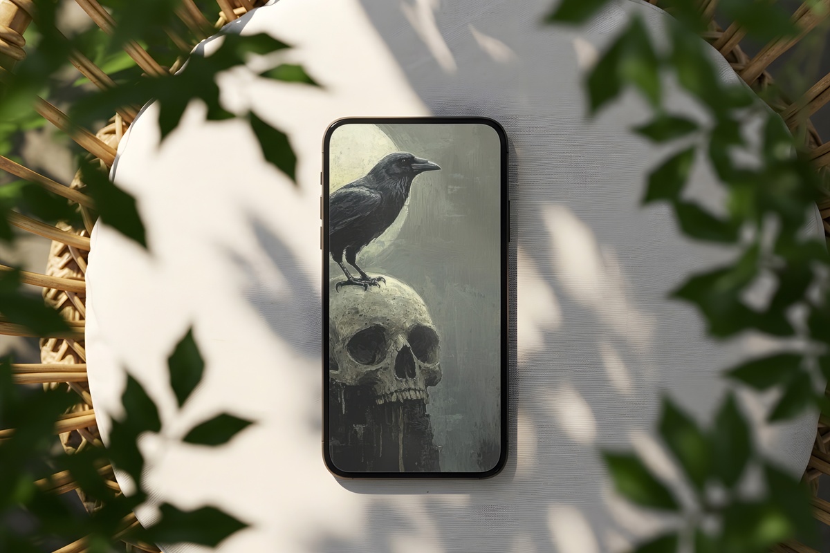 Crow and Skull in Moonlight Halloween iPhone Wallpaper