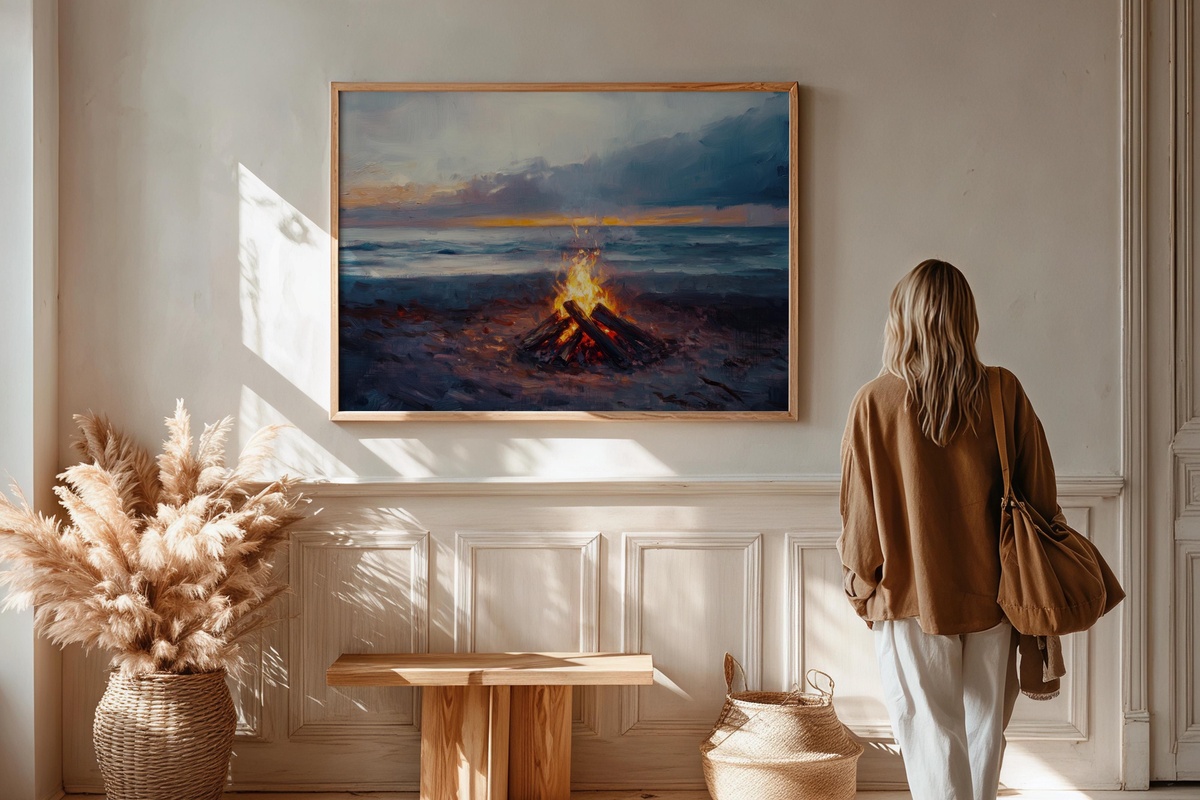 Twilight Beach Bonfire coastal printable wall art with impressionist bonfire glow at dusk