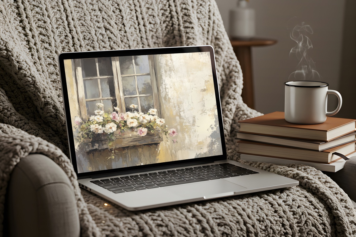Blooming Farmhouse Window View desktop wallpaper featuring a farmhouse window framed by blooming flowers