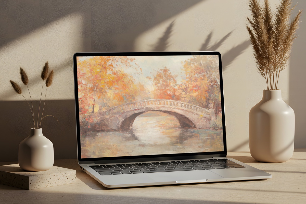 Autumn Bridge's Tranquil Passage Vintage Desktop Wallpaper - impressionist autumn bridge with warm amber and rust tones
