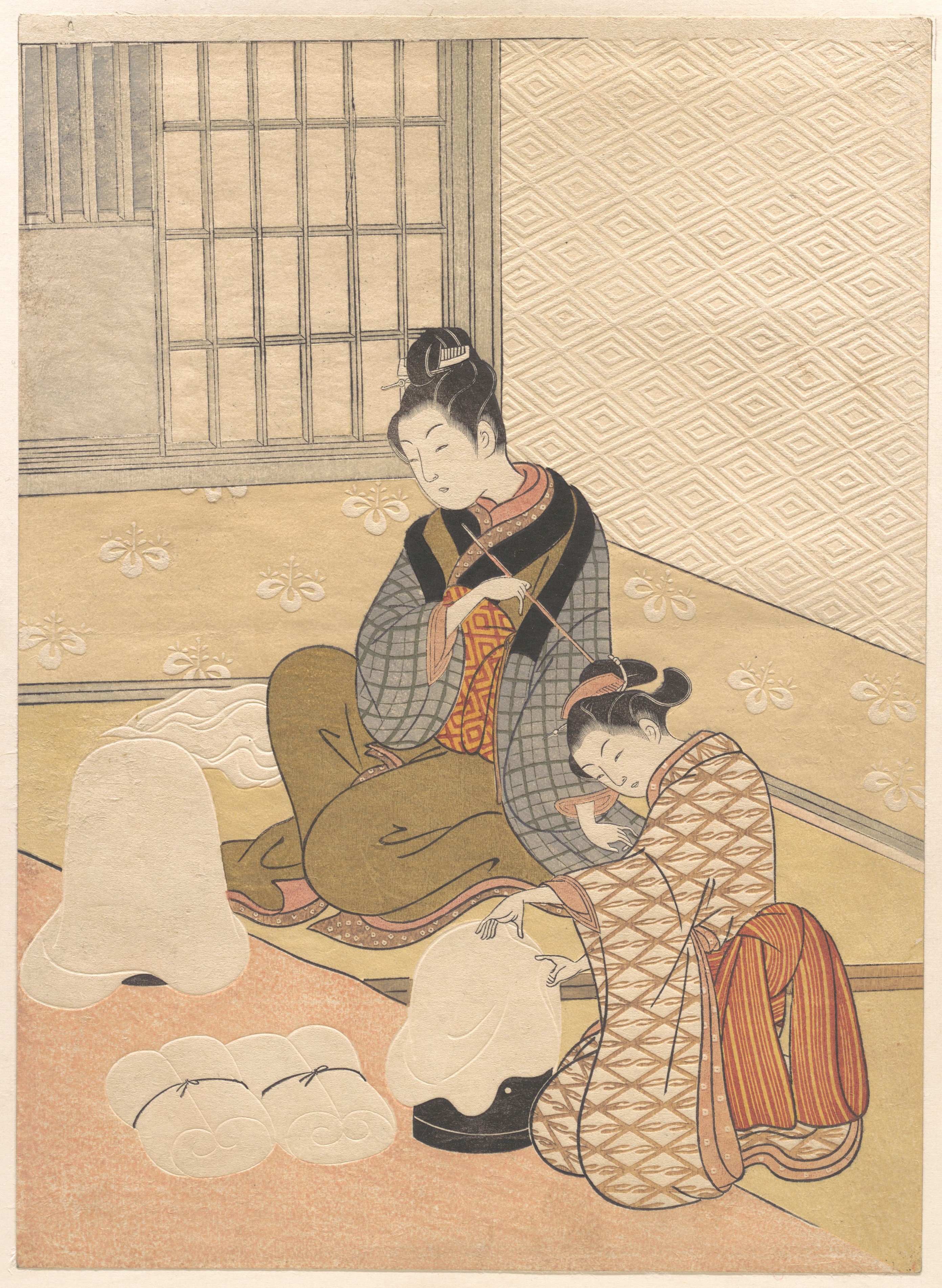 Suzuki Harunobu, Evening Snow on the Heater, c. 1766. Colour woodblock print (nishiki-e).