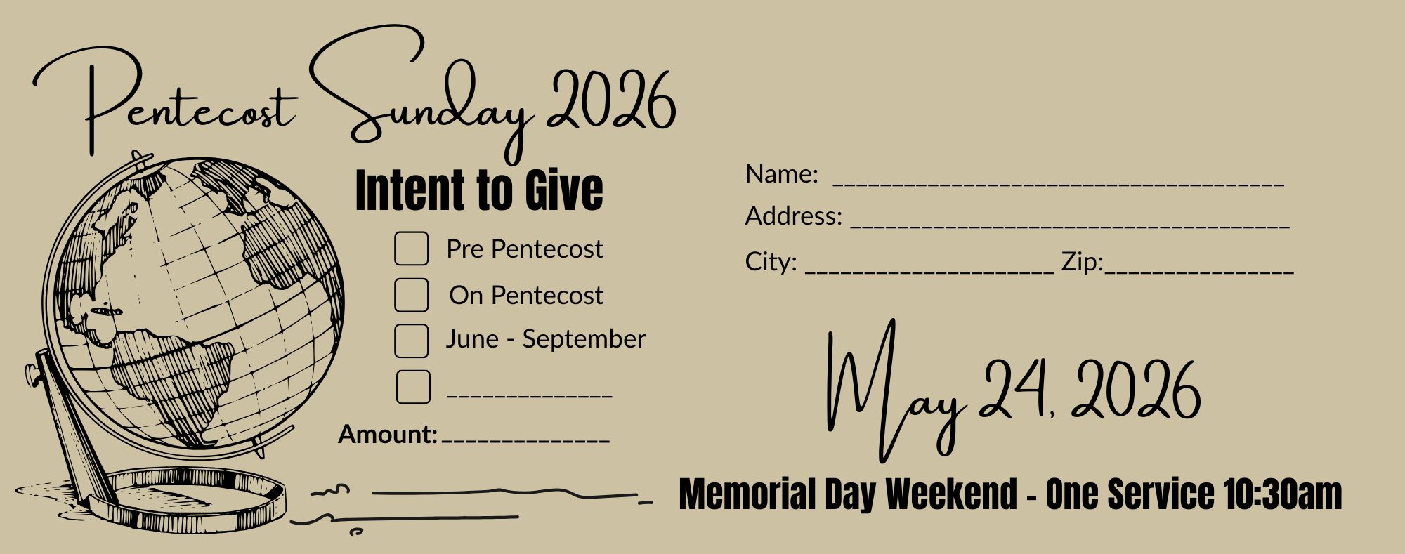 Pentecost Sunday, 2026 - May 24. Intent to Give Card example