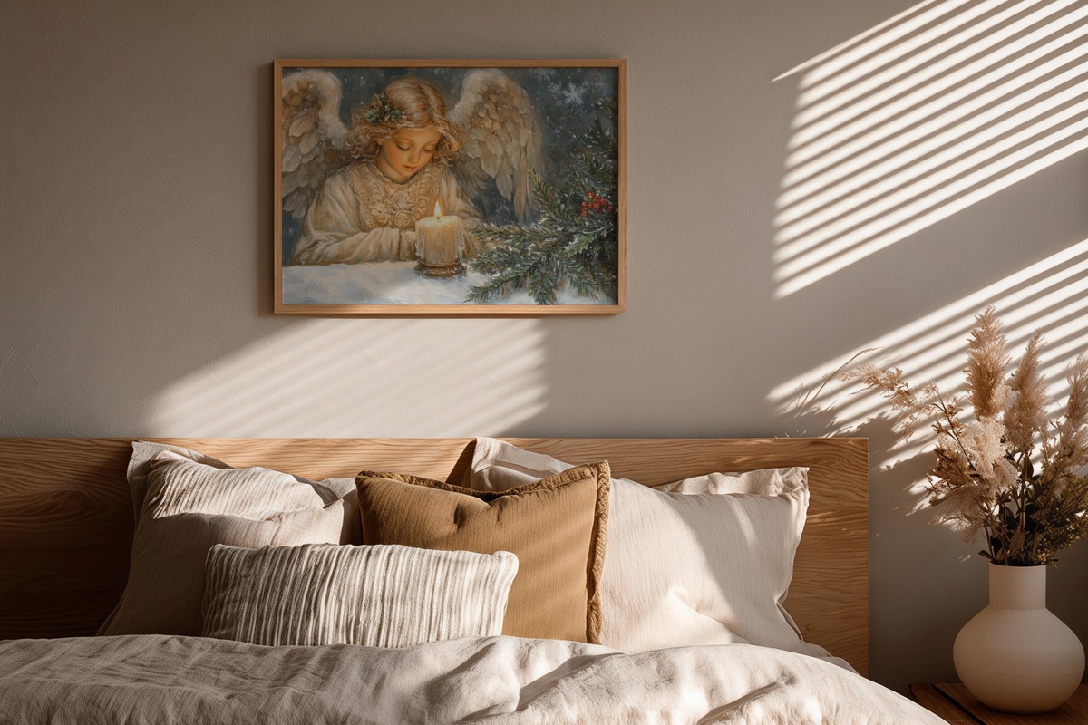 Candlelit Angel in Serenity Christmas printable wall art with ethereal angel in candlelight