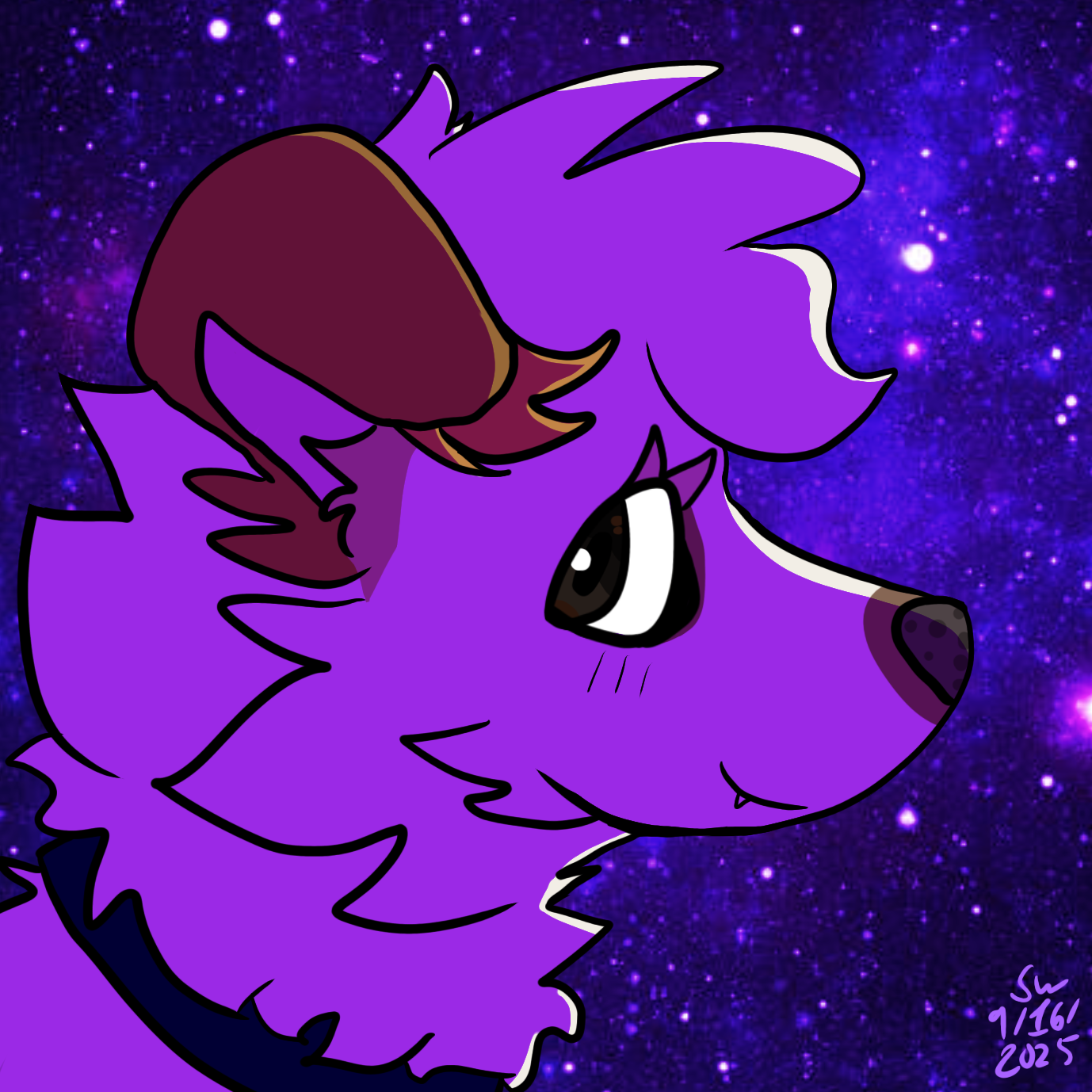 A digital illustration of Russell set against the background of a purple galaxy. He is looking at the camera and smiling gently, backlit slightly by the scene.