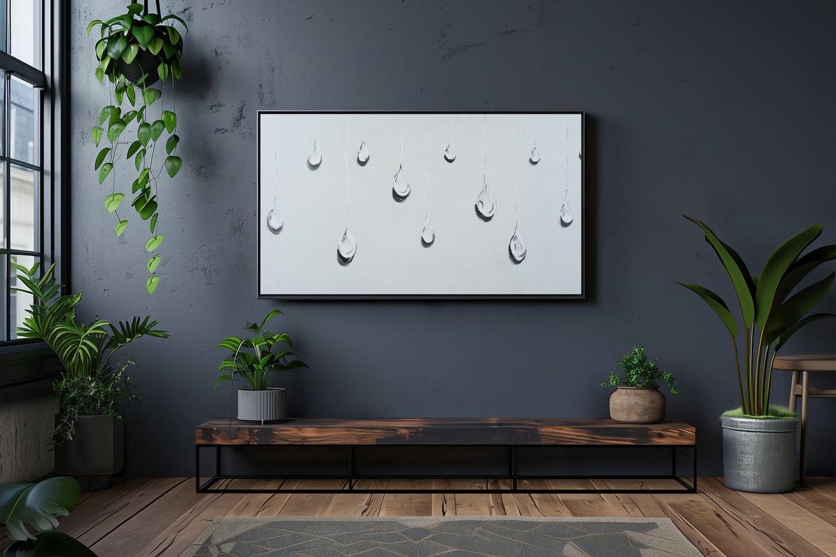 Raindrop Dots of Serenity Frame TV Art featuring isolated raindrop forms on a pale blank canvas