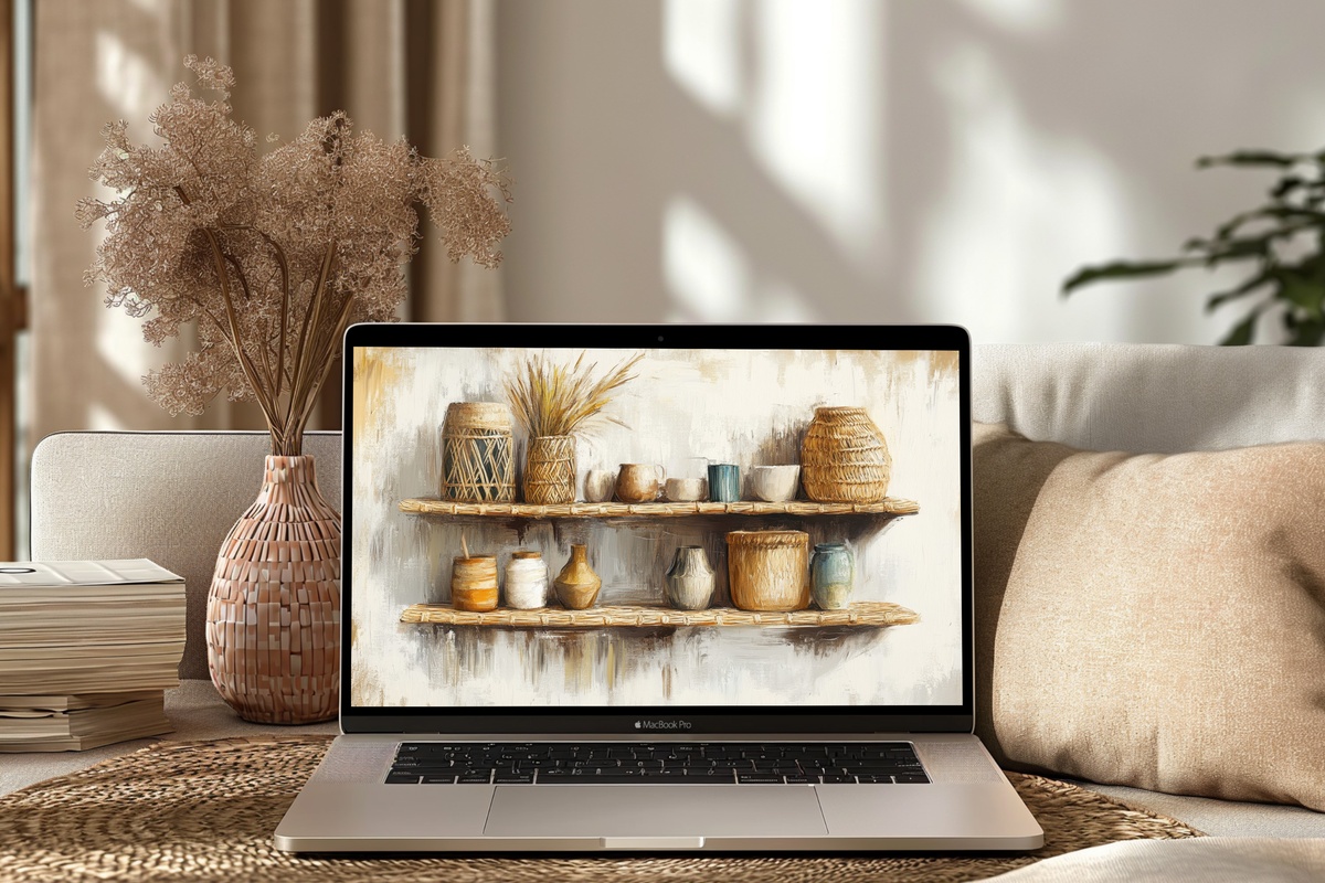 Rattan Shelf Whimsy Boho Desktop Wallpaper