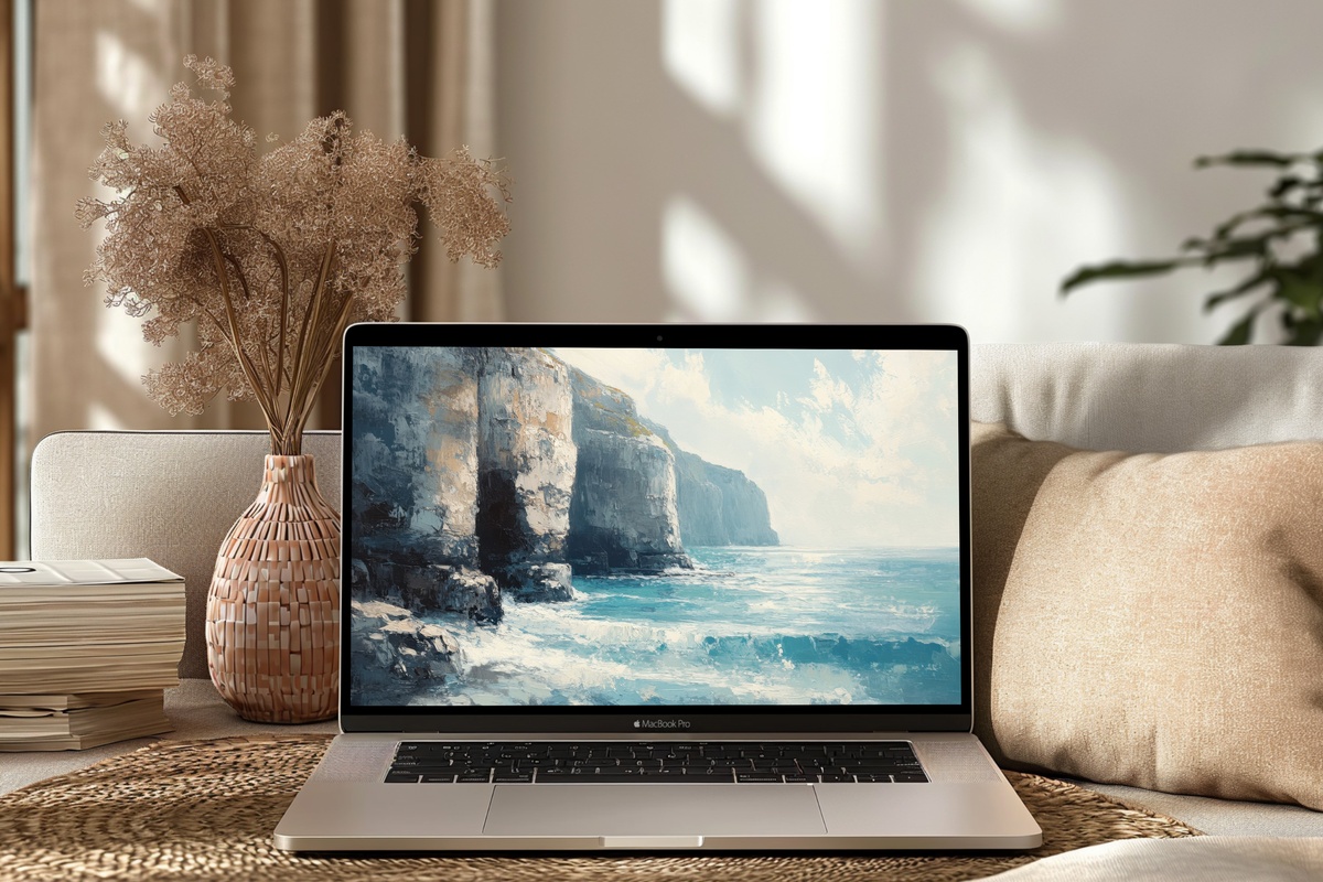 Whispering Cliffs Symphony Desktop Wallpaper — serene cliffs and ocean waves in summer light