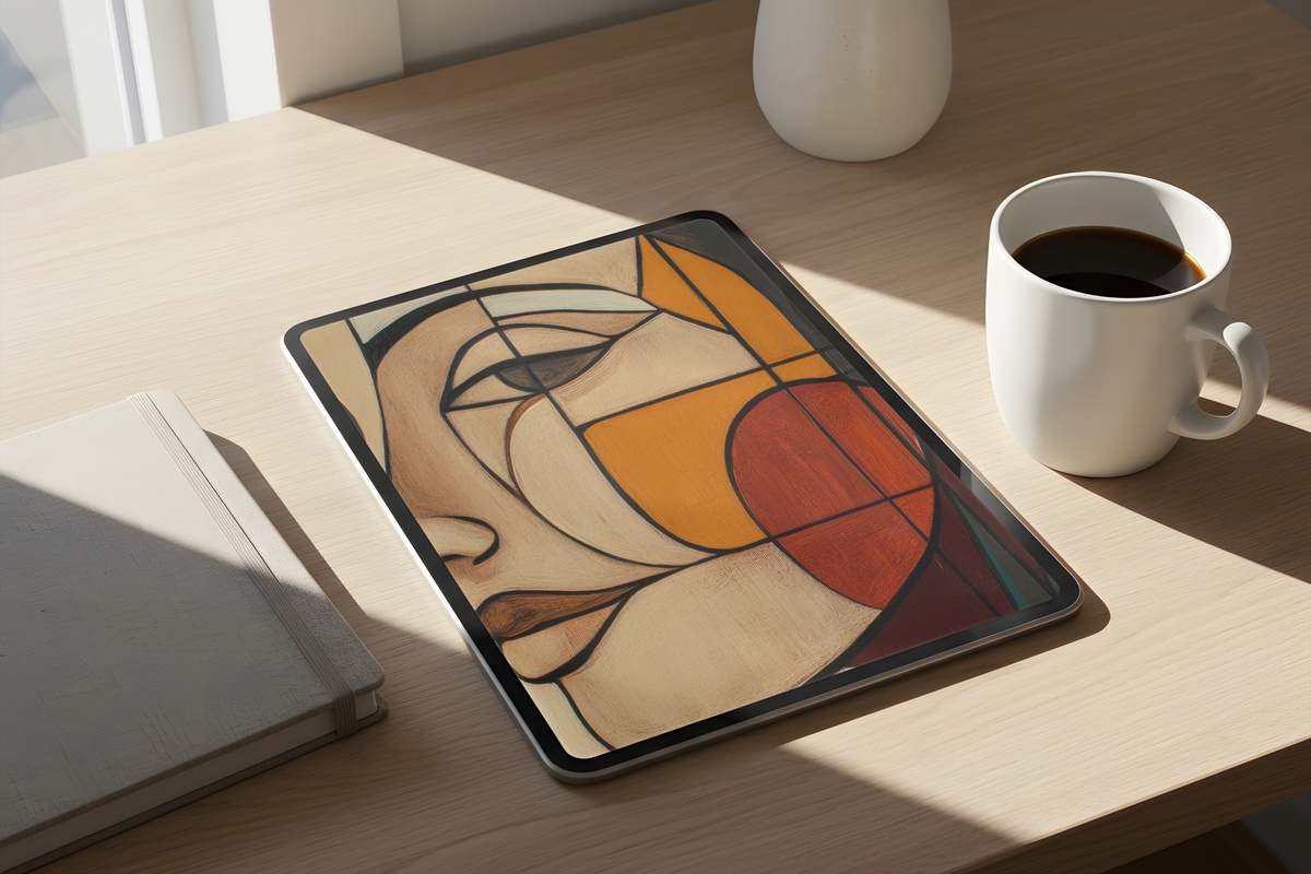 Geometric Facial Artistry minimalist iPad wallpaper with serene portrait hues