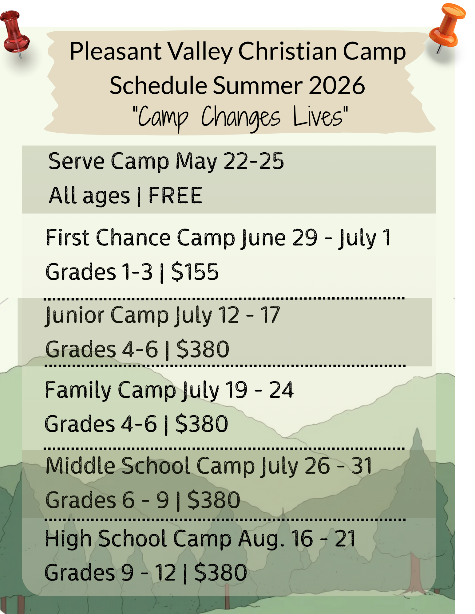 Pleasant Valley Christian Camp schedule, 2026