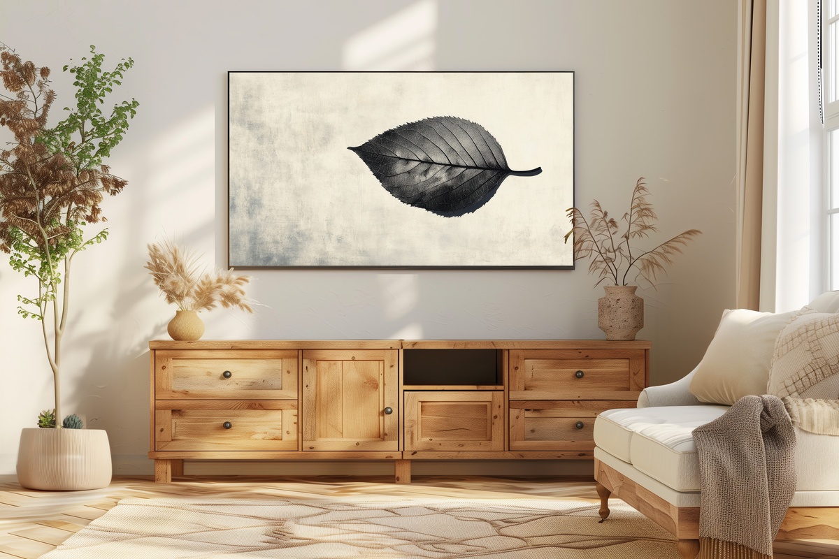 Minimal Leaf Silhouette Elegance Frame TV Art - a single leaf in clean silhouette on a pale ground