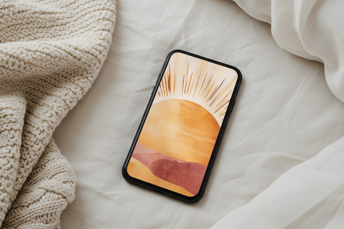 Boho Sunburst Harmony iPhone Wallpaper in warm ochre and cream tones