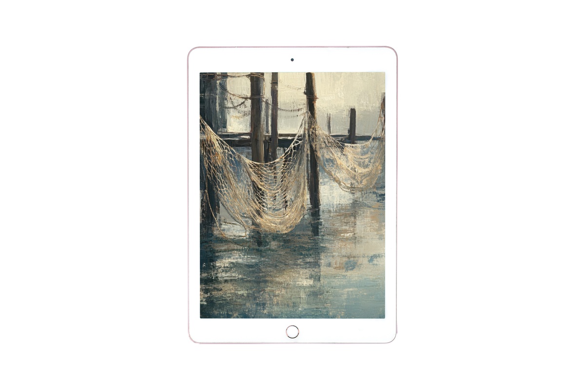 Quiet Dock Reflections Coastal iPad Wallpaper in soft blues and beiges
