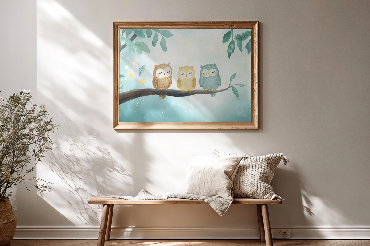 Celestial Nocturne with Owls in Harmony Nursery Printable Wall Art with owls under starlit sky