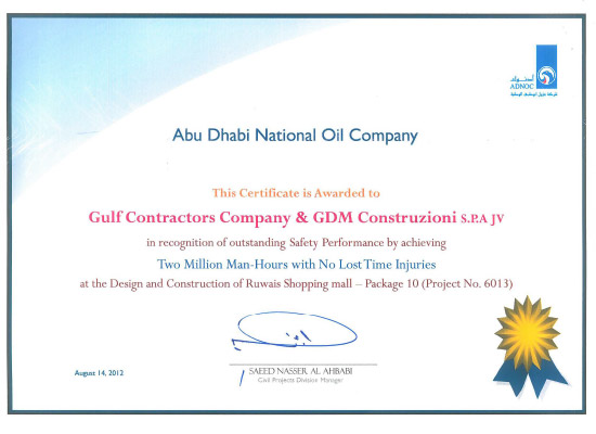 ADNOC Appreciation Certificate – 2.4 Million Man-Hours Without LTI