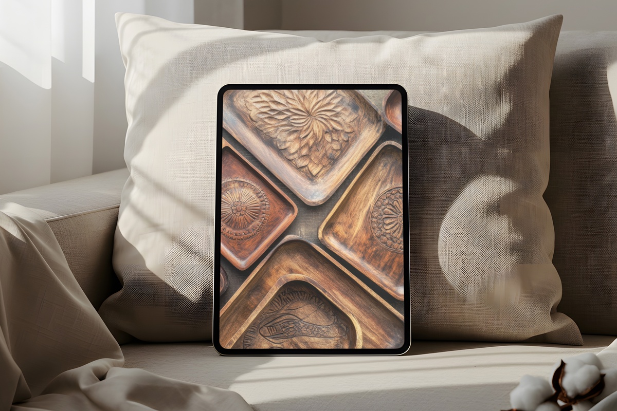 Wooden Tray Harmony iPad Wallpaper with warm wood tones and lifestyle vignette