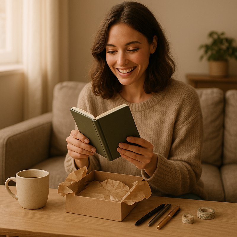 Mujer abriendo un regalo con un cuaderno para escribir un diario en una sala acogedora